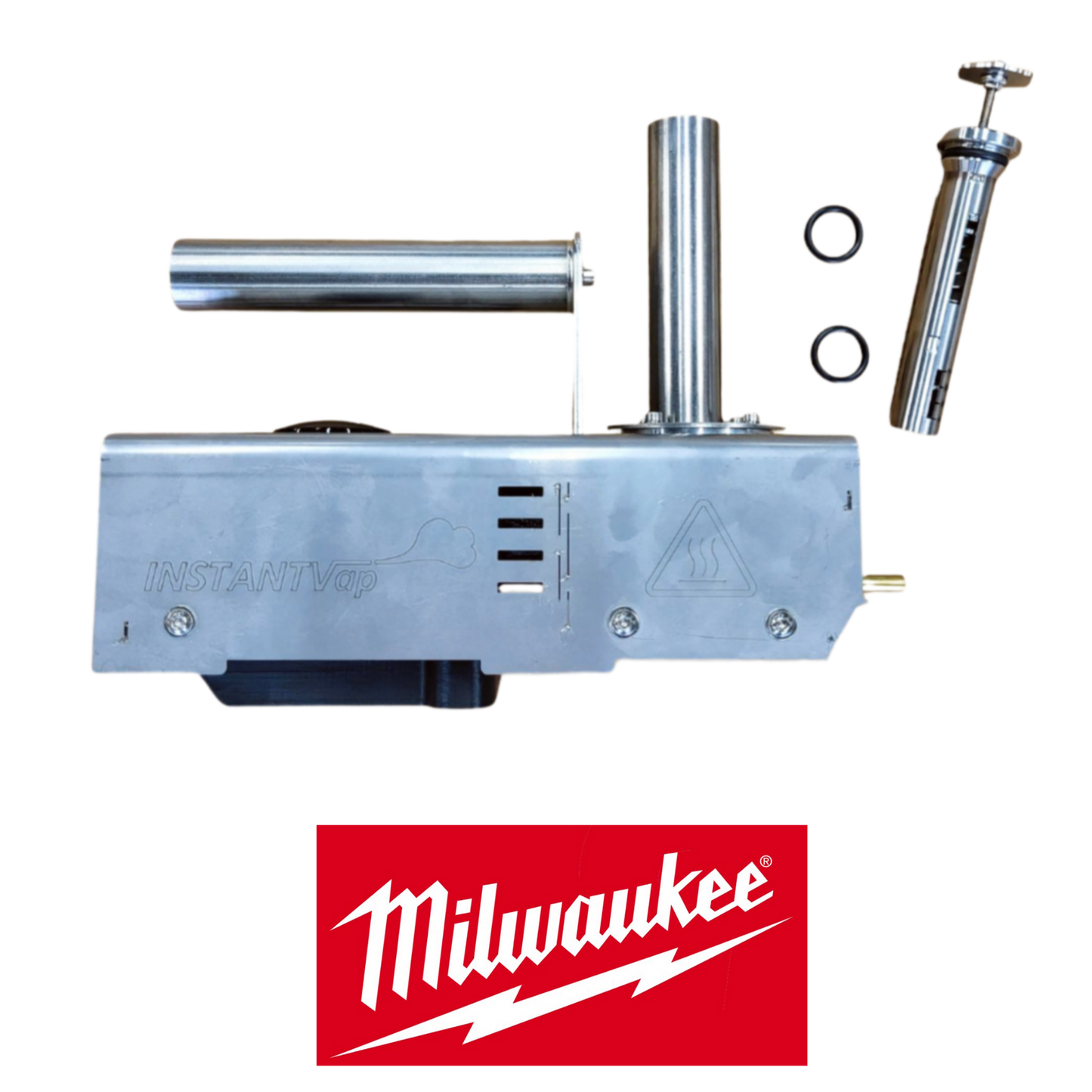 InstantVap vaporizer device with disassembled components and Milwaukee logo.
