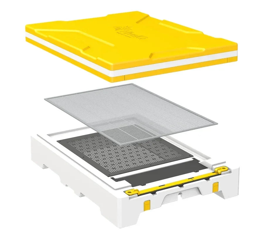 Exploded view of yellow and white EPS bee hive with mesh and bottom board components