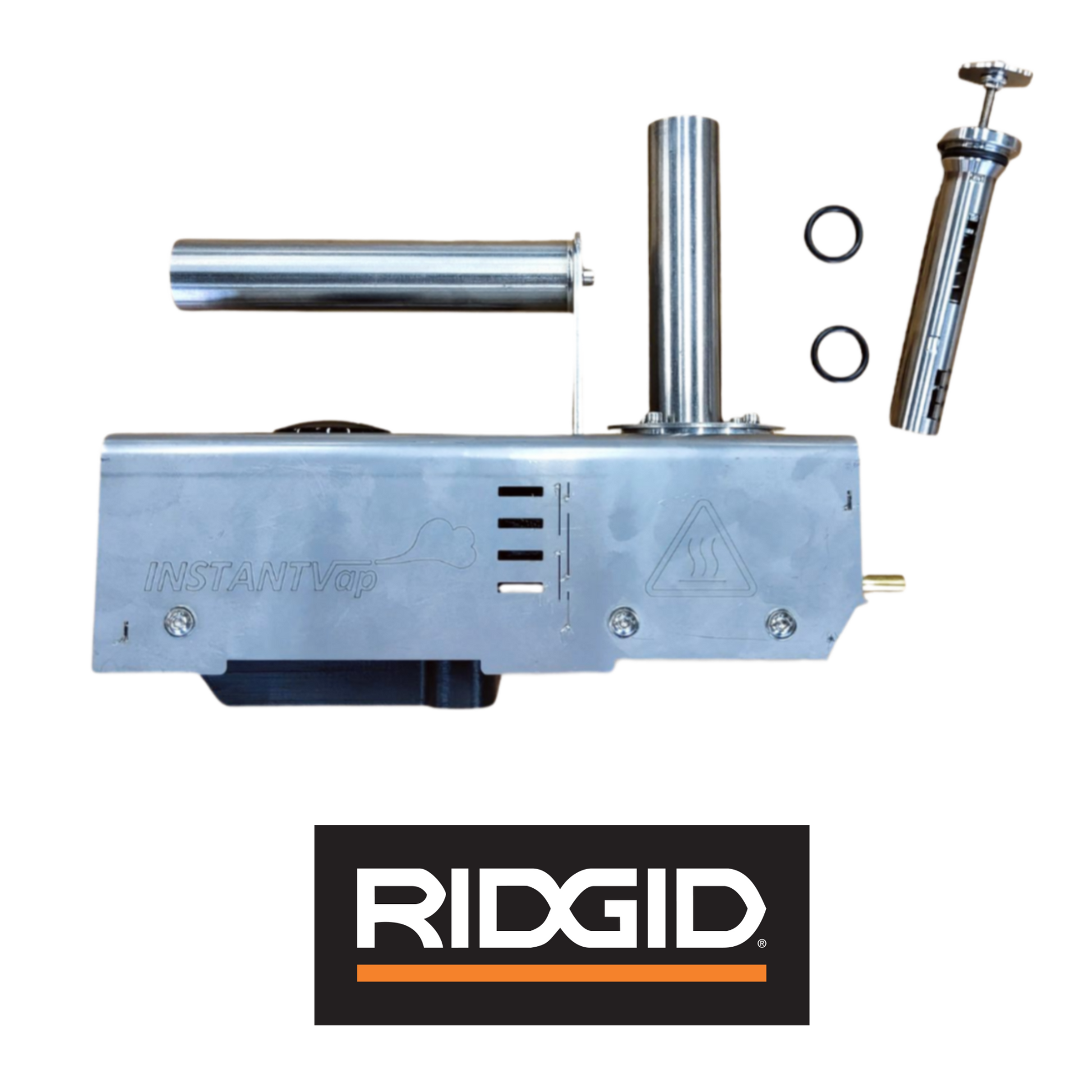 InstantVap handheld device with RIDGID branding and accessories on a black background