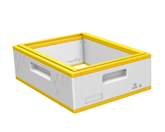 EPS bee hive box with white body and yellow edges, featuring built-in handles and honeycomb pattern