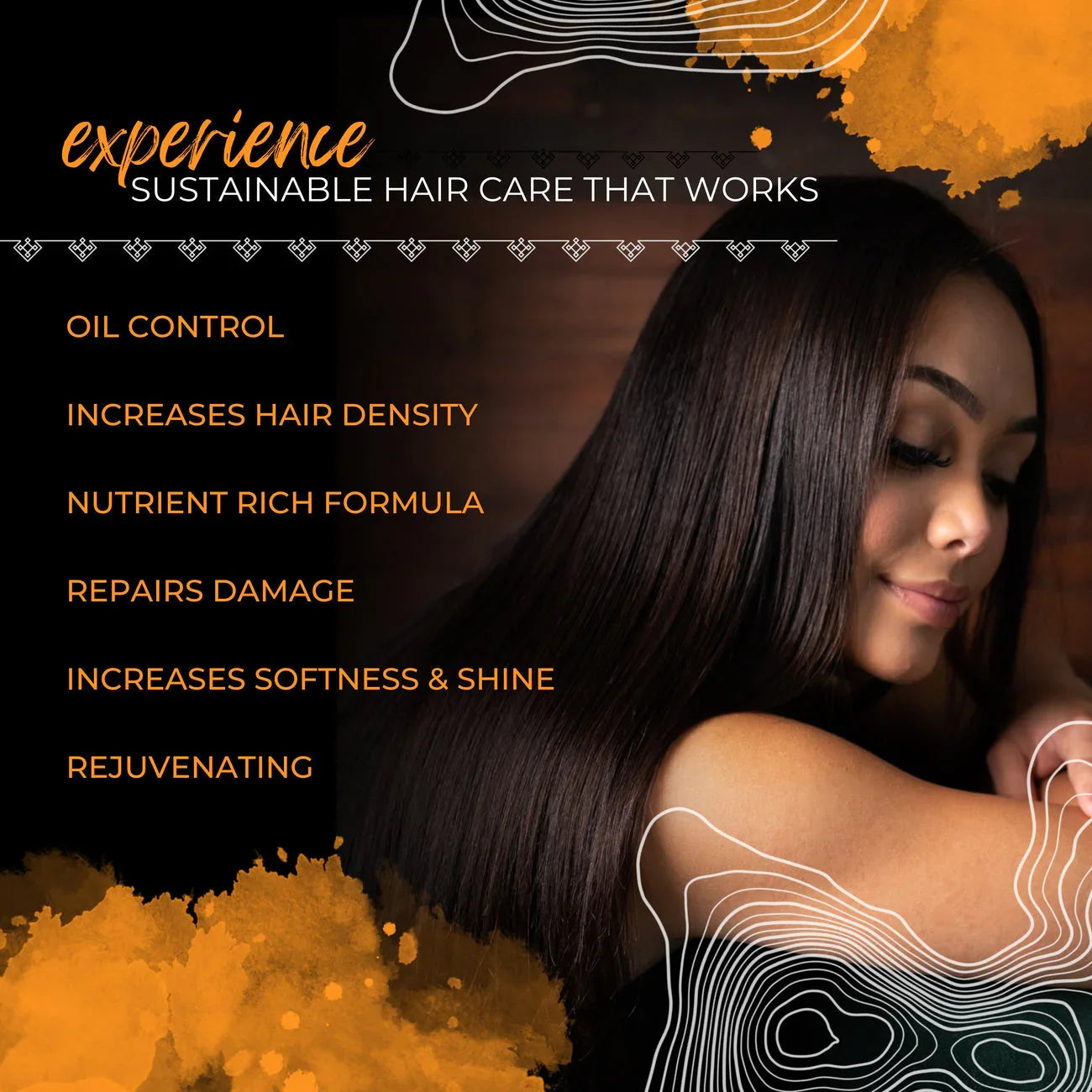 Smiling woman with long, shiny hair promoting sustainable hair care benefits and nourishing shampoo
