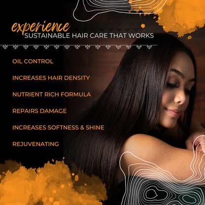 Smiling woman with long, shiny hair promoting sustainable hair care benefits and nourishing shampoo