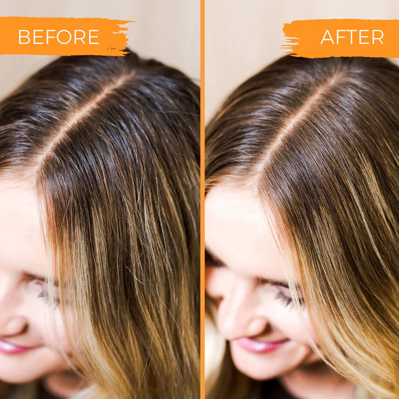 Before and after close-up of woman’s hair showing cleaner, shinier scalp and smoother strands