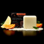 Viori Citrus Yao conditioner bar with citrus fruit slices and rice grains on black background
