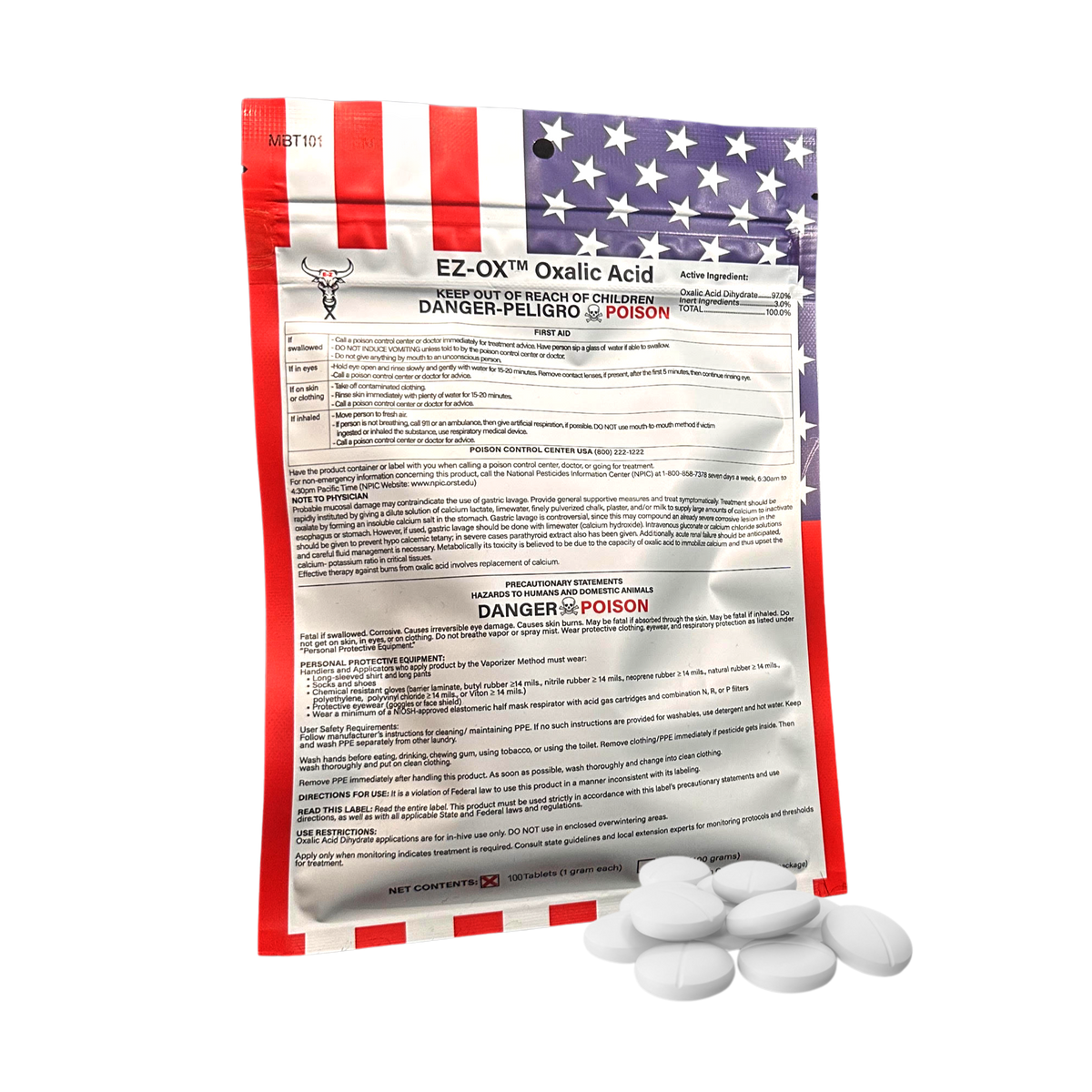 Back of an EZ-OXT Oxalic Acid packaging label with safety warnings and instructions.