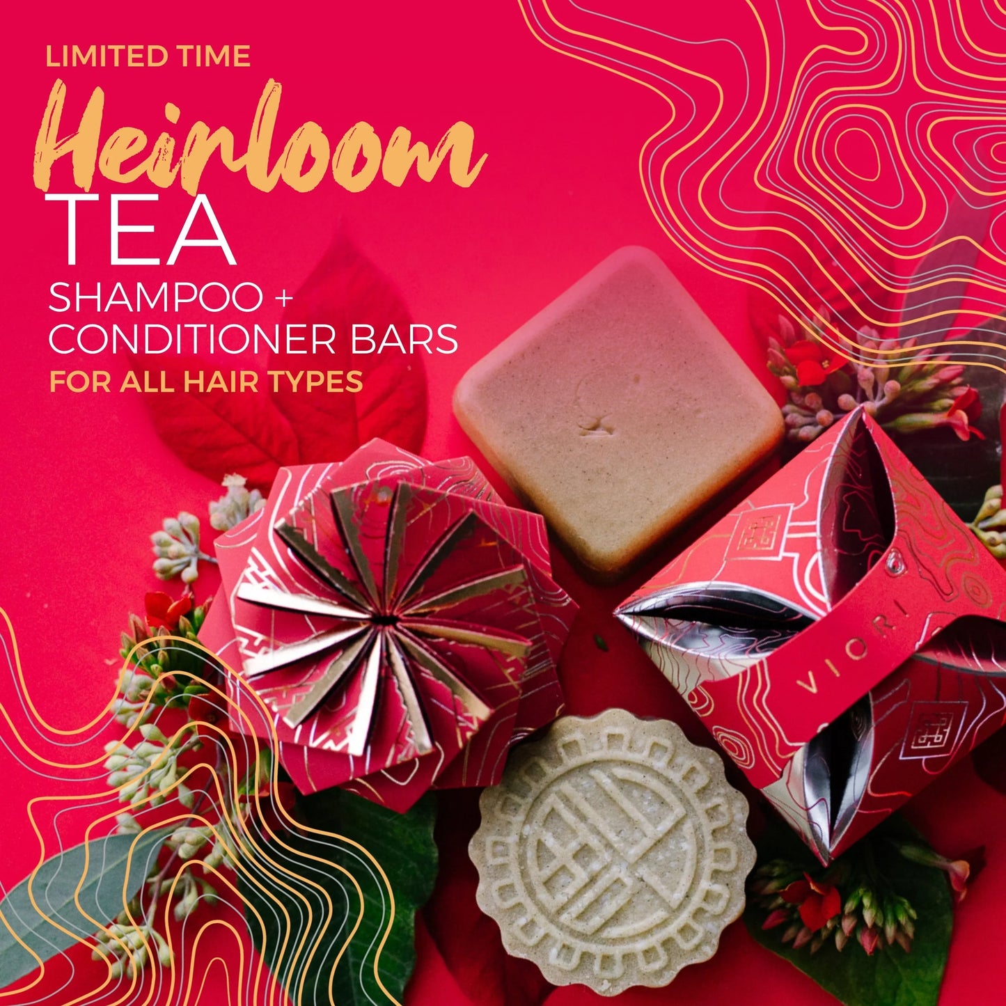 EPS bee hive shampoo and conditioner bars on red background with floral accents and bold text