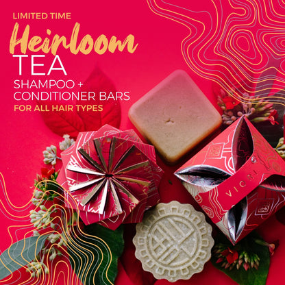 EPS bee hive shampoo and conditioner bars on red background with floral accents and bold text