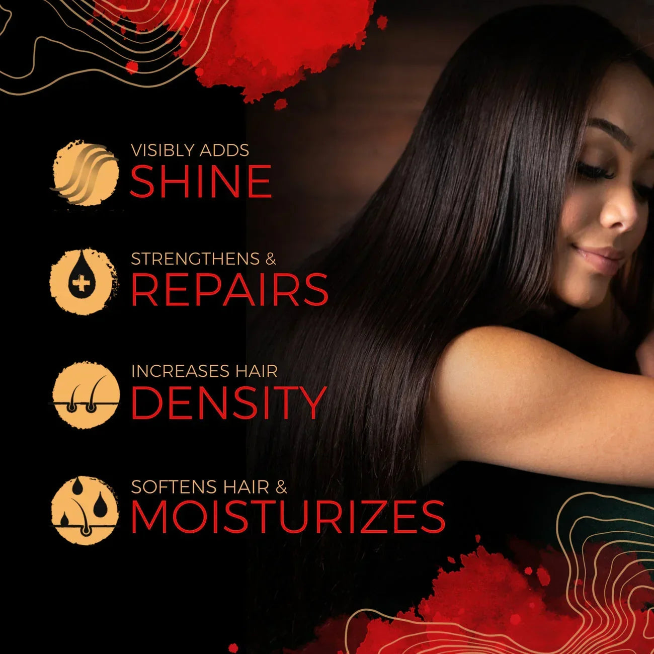Eps bee hive with red and gold design, woman with long shiny hair showcasing hair care benefits