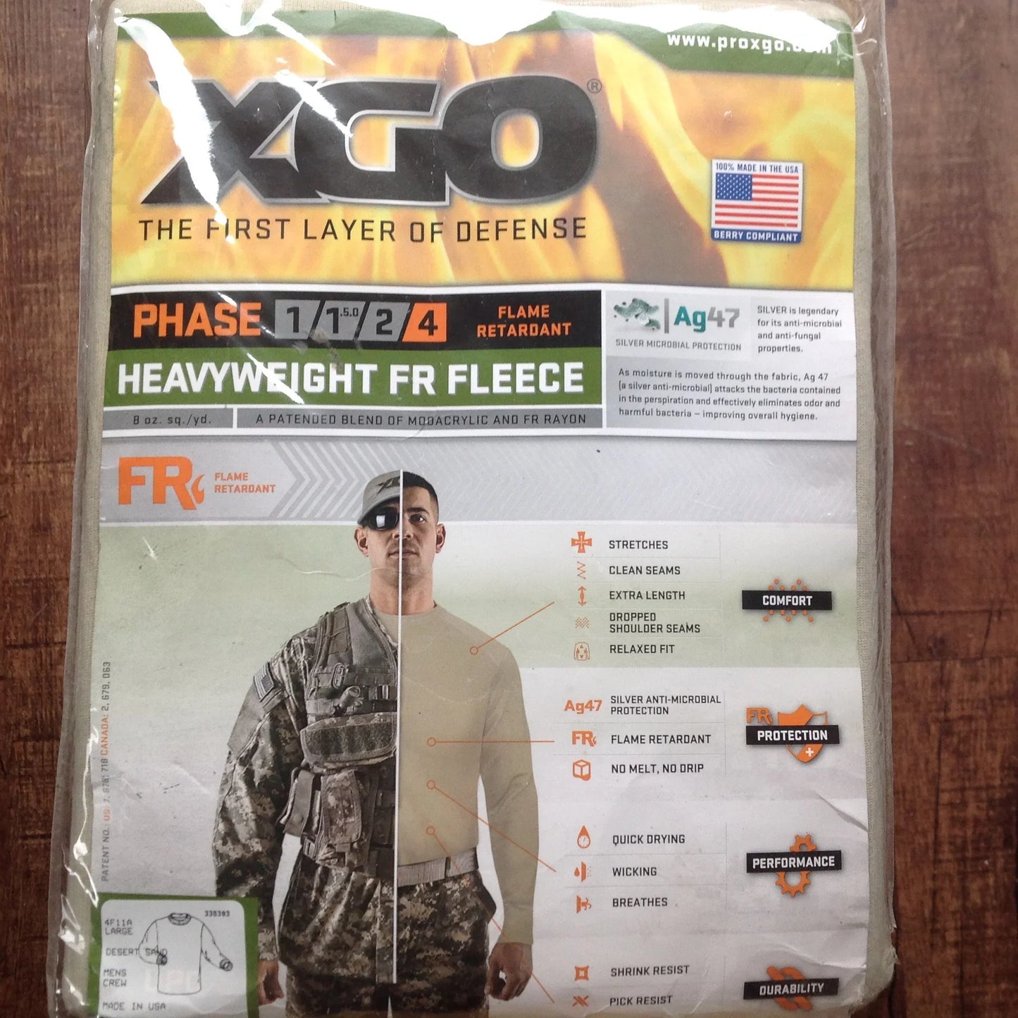 XGO heavyweight flame retardant fleece packaging with soldier image and product features