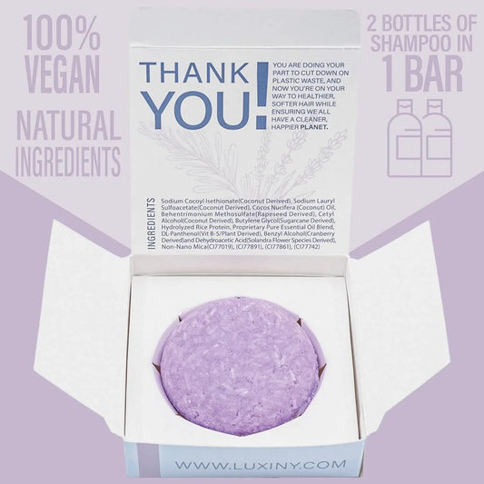 Purple eps bee hive shampoo bar in open white box with natural ingredients and vegan text