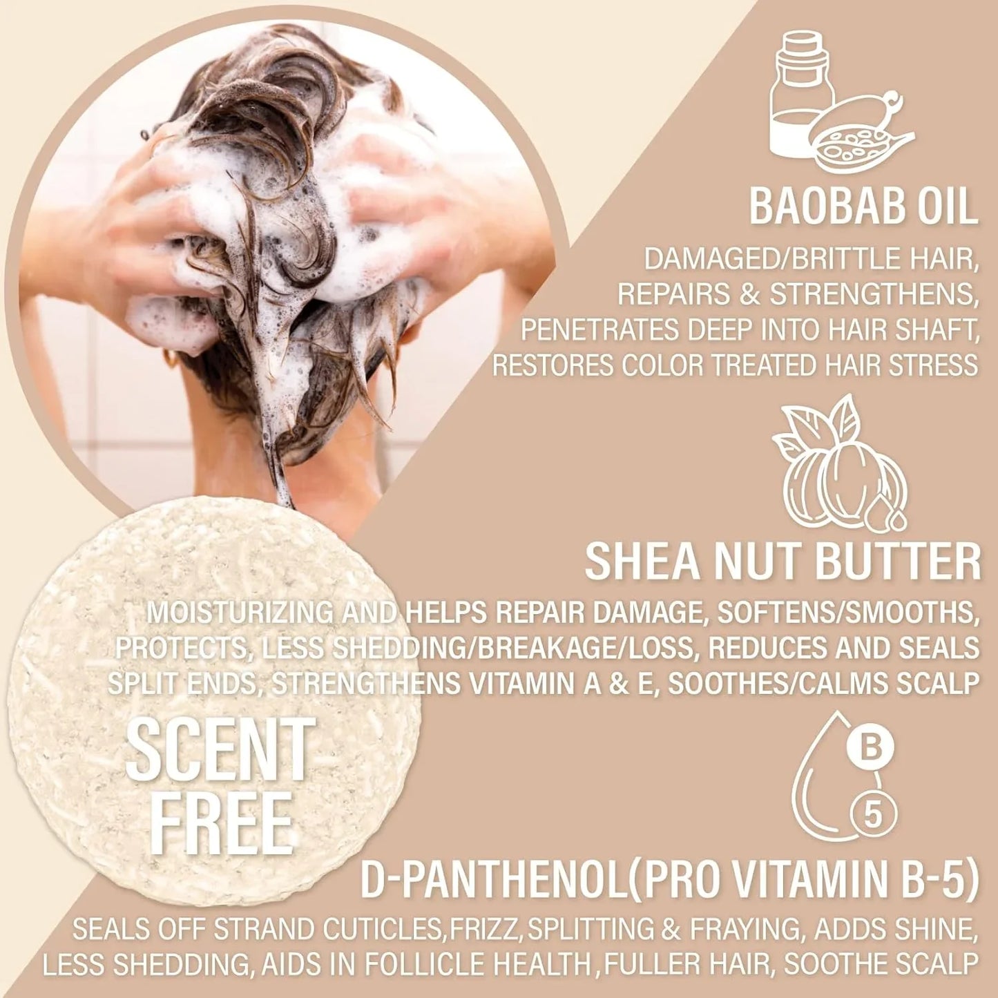 EPS bee hive with text highlighting scent-free baobab oil, shea nut butter, and pro vitamin B5 benefits for hair