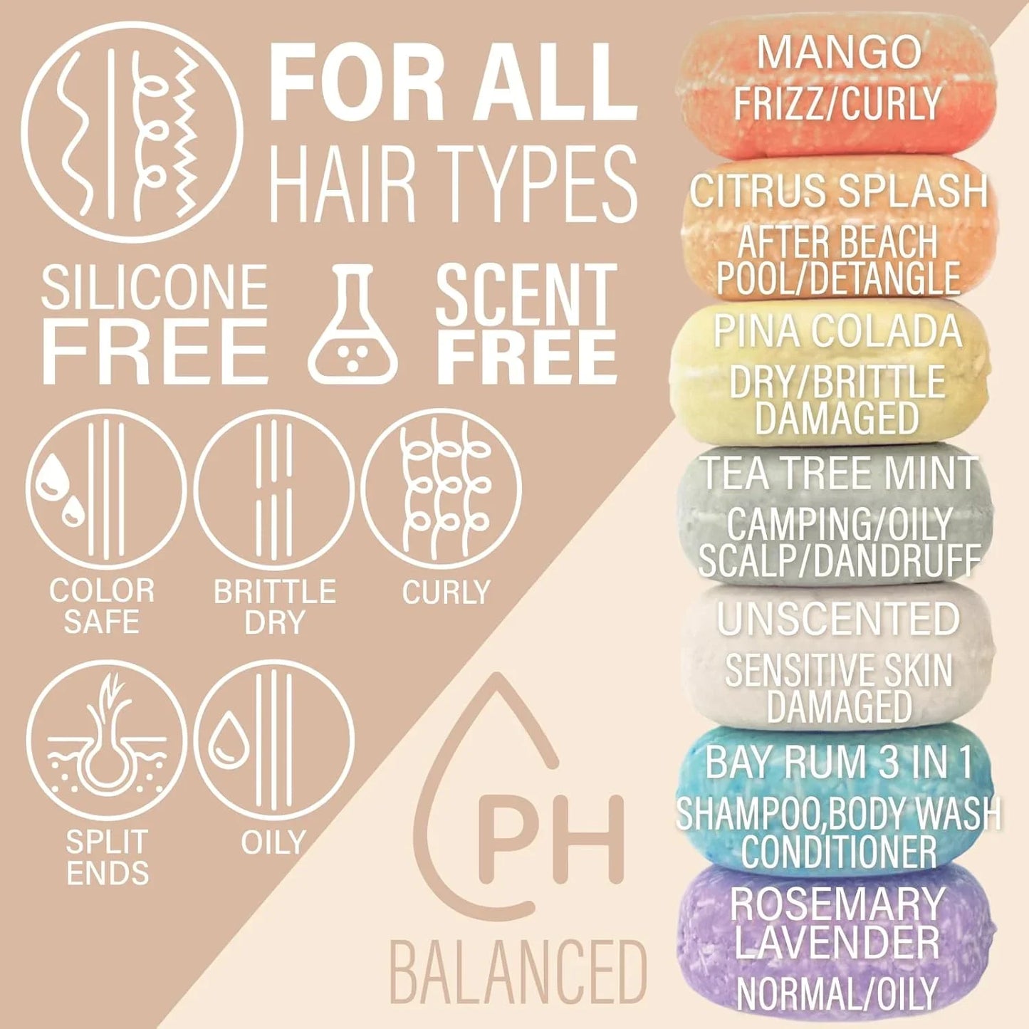 EPS bee hive soap bars stacked by scent and hair type, silicone free, scent free, pH balanced