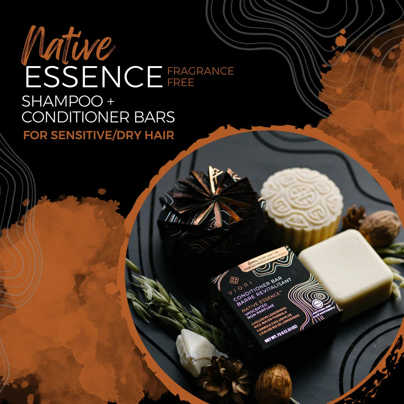 Native Essence fragrance-free shampoo and conditioner bars for sensitive dry hair with natural packaging and ingredients