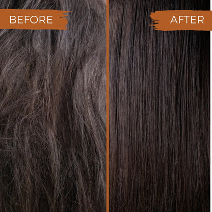 Before and after comparison of dark brown hair showing frizzy hair on left and smooth, straight hair on right