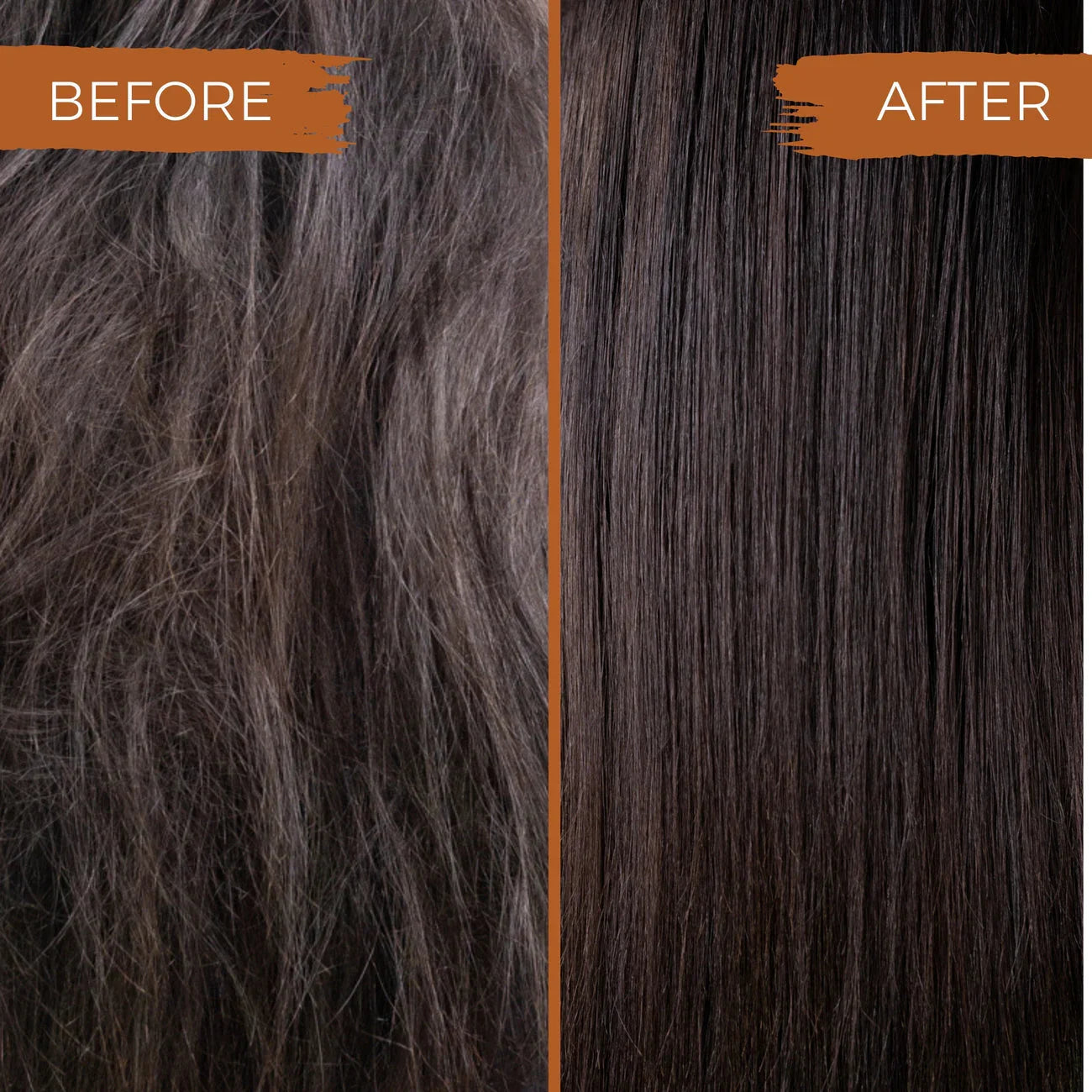 Close-up comparison of hair before and after treatment, showing frizzy hair transformed into smooth, shiny strands