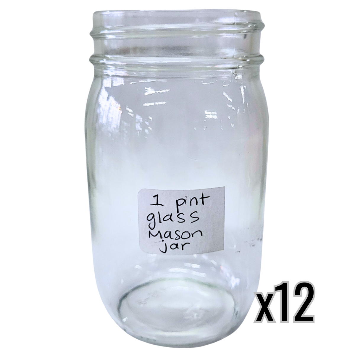 A set of 12 clear glass 1 pint Mason jars with a handwritten label.