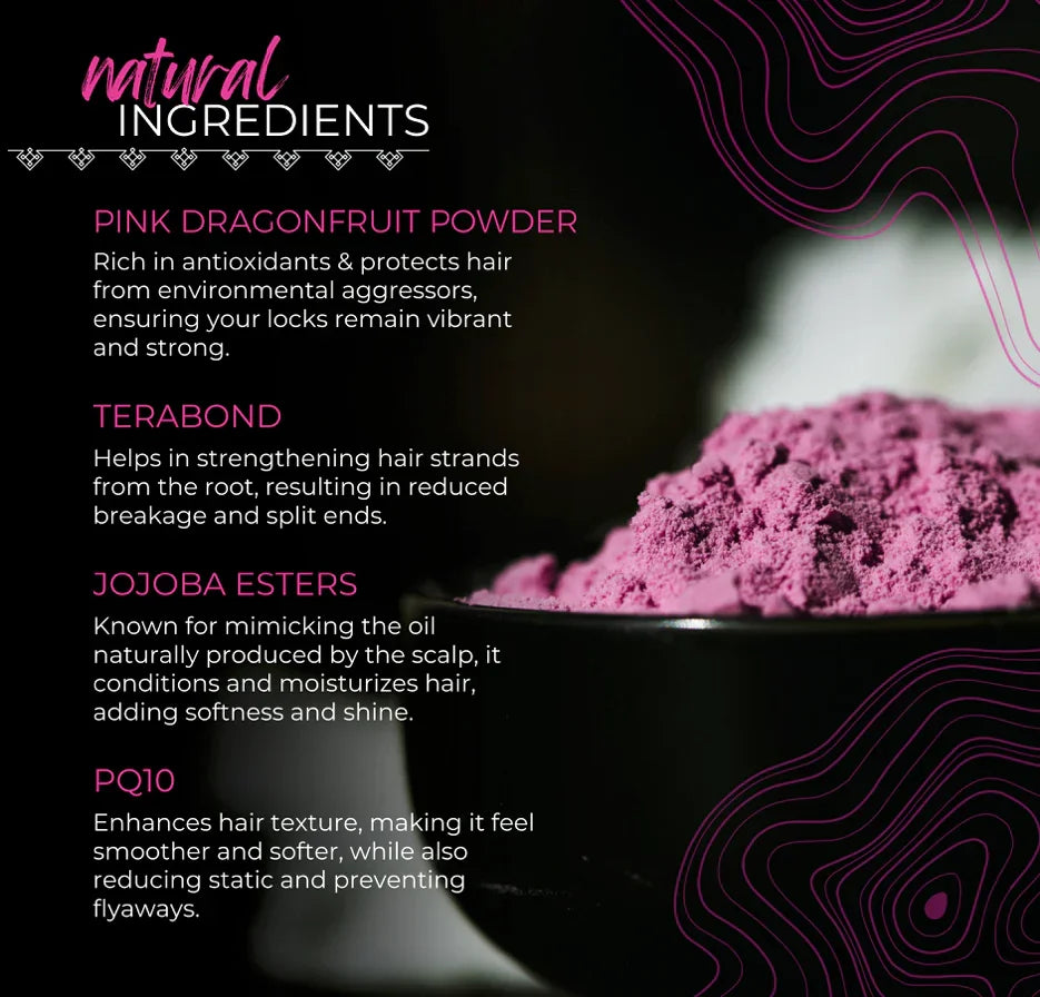 Close-up of pink dragonfruit powder in a black bowl with text listing natural hair care ingredients and benefits