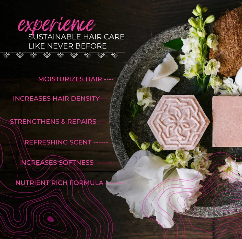 Sustainable hair care products with natural ingredients on stone plate, flowers, and coconut background