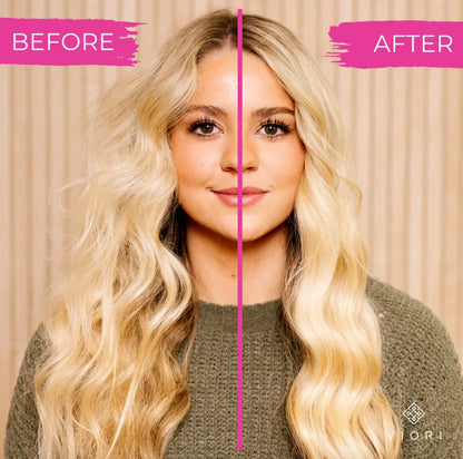 Before and after comparison of blonde woman's hair showing frizzy versus smooth, moisturized hair on beige background