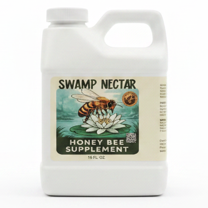 White 16 fl oz bottle of Swamp Nectar Honey Bee Supplement featuring a bee on a water lily.
