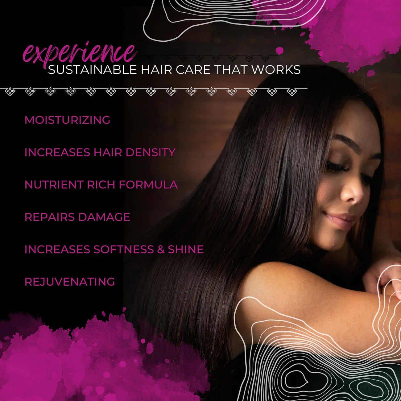 Woman with long shiny hair promoting sustainable hair care benefits including moisturizing and repairing damage