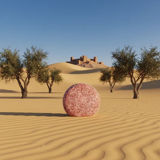 EPS bee hive shaped round pink bar in desert sand with olive trees and adobe castle in background