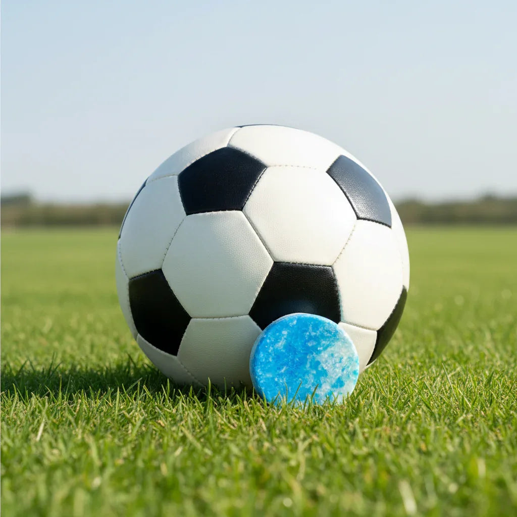 EPS bee hive shaped blue shampoo bar beside classic black and white soccer ball on grass field
