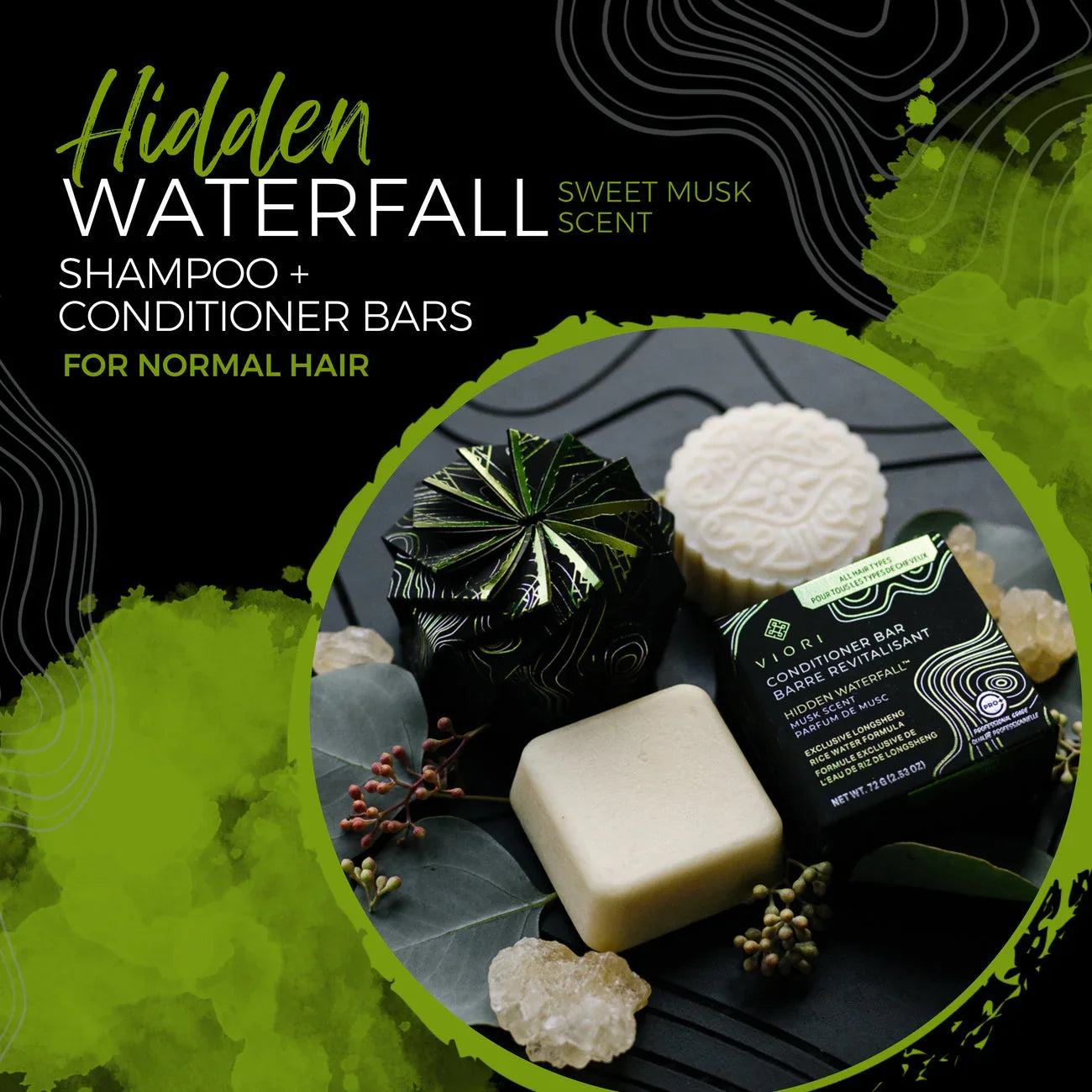 EPS bee hive shaped shampoo and conditioner bars with green and black packaging for normal hair