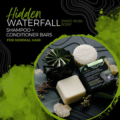EPS bee hive shaped shampoo and conditioner bars with green and black packaging for normal hair