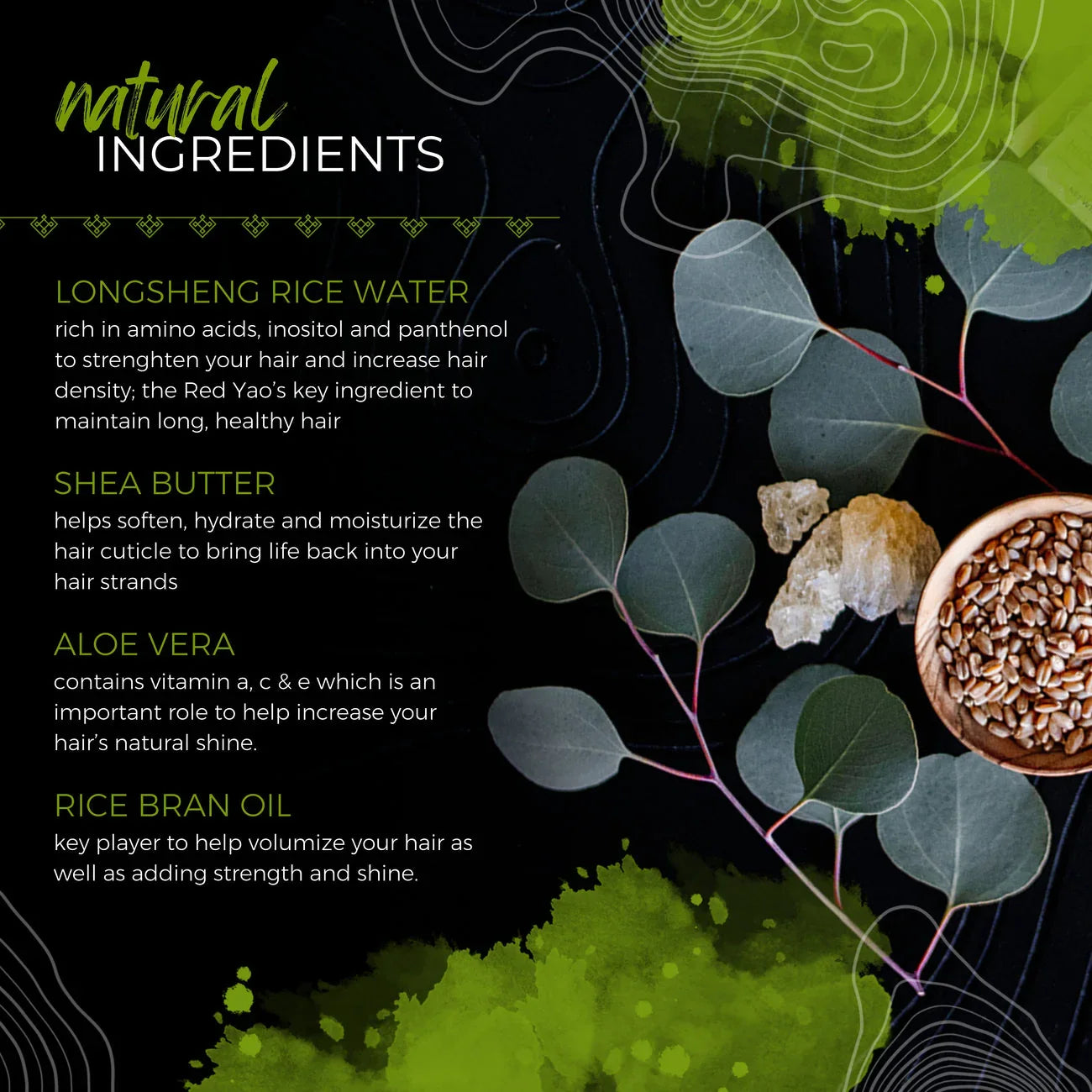 EPS bee hive with eucalyptus leaves, shea butter, rice grains on black background, natural ingredients text