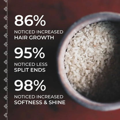Bowl of rice grains with text showing hair care stats: 86% increased hair growth, 95% less split ends, 98% more softness and shine
