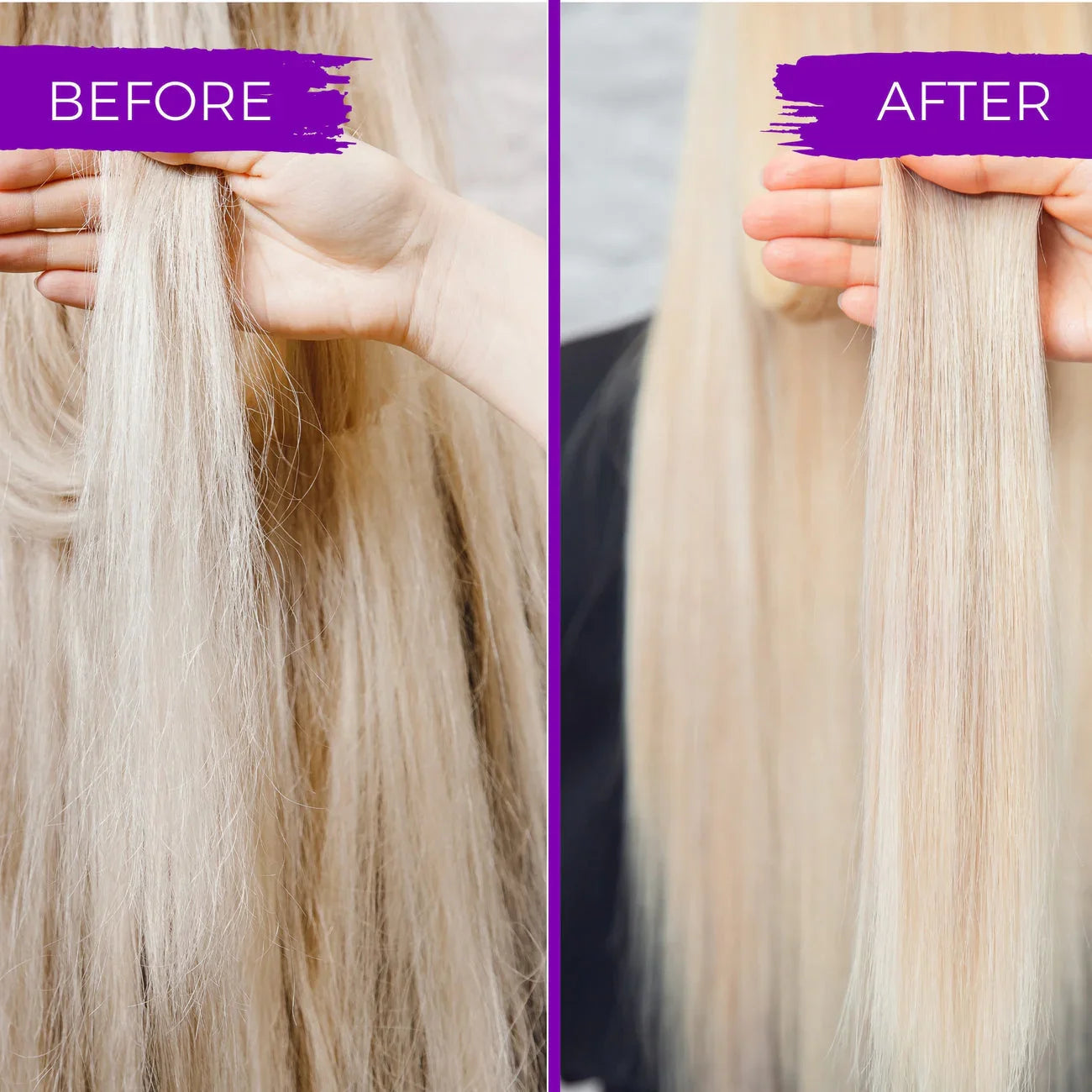 Before and after comparison of blonde hair showing frizzy versus smooth, silky texture held by hand
