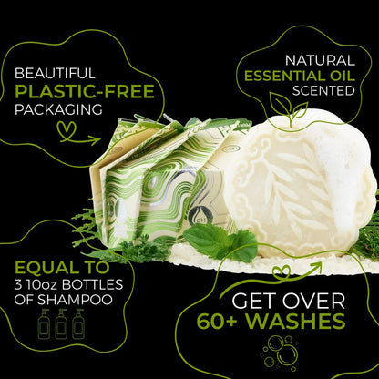 Eco-friendly tea tree shampoo bar with plastic-free packaging, natural essential oil scent, and over 60 washes.